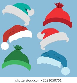 Winter hats set vector. Santa Claus hat is blue and red.
