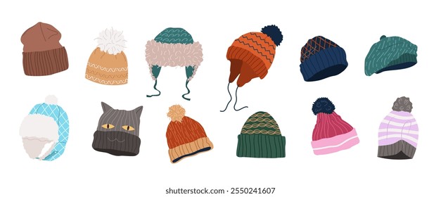 Winter hats set. Wool caps, knitted beanie, hat with earflaps for men, women and kids. Fashion head accessories, warm garments for cold weather. Isolated flat vector illustrations on white background.