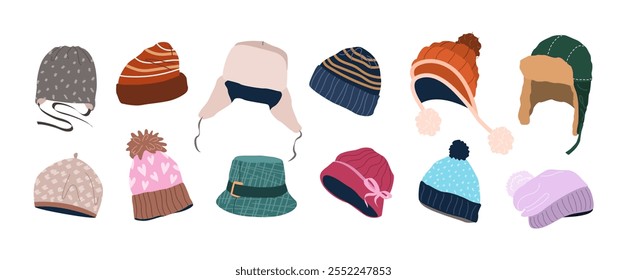 Conjunto de sombreros de invierno. Gorras de lana, gorro de punto, sombrero con orejeras y pompón para hombres, mujeres y niños. Accesorios de la cabeza de la moda, prendas calientes para el Clima frío. Ilustraciones vectoriales planas aisladas en blanco.