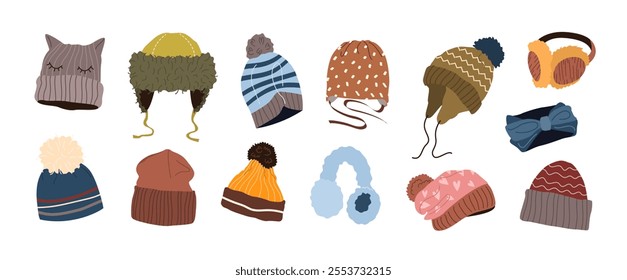 Winter hats set. Wool caps, knitted beanie, ear warmer, earmuffs, hat with earflaps and pompon for men, women and kids. Fashion head accessories, warm garments. Isolated flat vector illustrations.