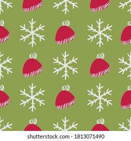 Winter hats and snowflakes seamless vector pattern. Christmas surface print design for fabrics, stationery, scrapbook paper, gift wrap, and packaging.