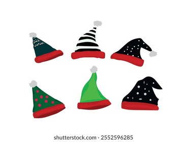 winter hats various types and colors vector background, christmas and santa hats