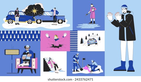 Conjunto de ilustración de rejilla bento de peligros de invierno. Peligro en la carretera, avalancha, lesiones por frío 2D imagen vectorial collage diseño gráfico colección. Freezing adultos caracteres planos diseño de moodboard
