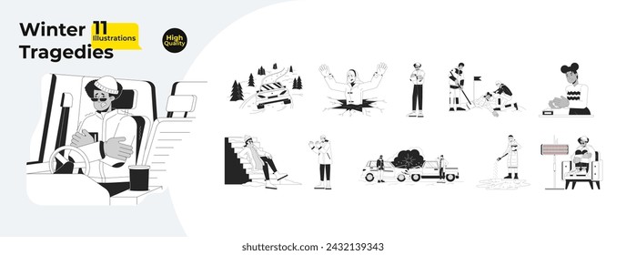 Winter hazards black and white cartoon flat illustration bundle. Freezing 2D lineart characters isolated. Danger on road, avalanche, cold weather injuries monochrome vector outline image collection