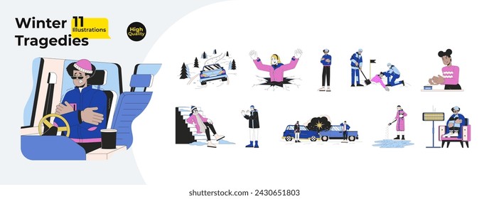 Winter hazards line cartoon flat illustration bundle. Freezing 2D lineart characters isolated on white background. Danger on road, avalanche, cold weather injuries vector color image collection