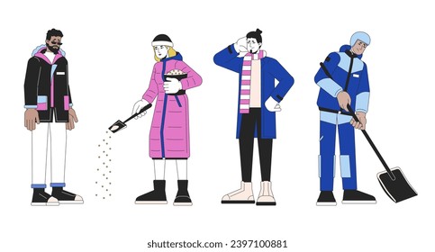 Winter hazards preventing 2D linear cartoon characters set. Outerwear diverse isolated line vector people white background. Protect against winter weather color flat spot illustration collection