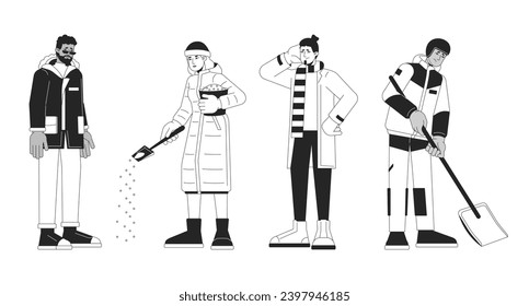 Winter hazards preventing black and white 2D line cartoon characters set. Outerwear isolated vector outline people collection. Protect against winter weather monochromatic flat spot illustrations