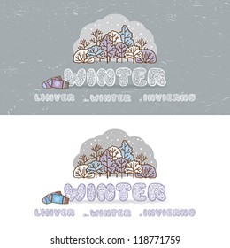 Winter headline with doodle elements ("Winter" in English, German, French and Spanish)
