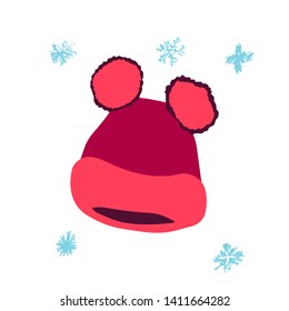 Winter headwear. Bright pink trendy beanie with two pompoms isolated on white background. Poster design element. 
