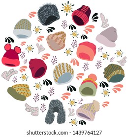 Winter headwear circle shape border on white background. Space for text. Poster, card, web, banner design element. Vector