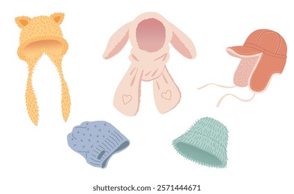 Winter headwear collection. Faux fur hats with ears, caps and scarfs for cold weather isolated on white background. Hand drawn vector illustration.