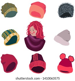 Winter headwear collection. Girl with scarf and selection of hats. Vector illustration of knitted hats, beanies isolated on white background. Poster design element. 