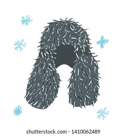 Winter headwear fur hat. Vector illustration of warm hat with snowflakes isolated on white background. Poster design element. 