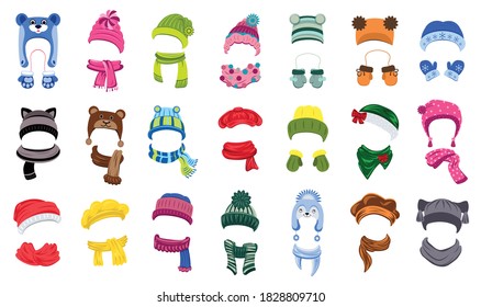 Winter headwear icons set. Cartoon set of winter headwear vector icons for web design