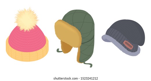 Winter headwear icons set. Isometric set of winter headwear vector icons for web design isolated on white background