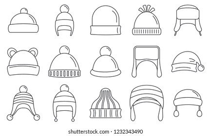 Winter headwear outfit icon set. Outline set of winter headwear outfit vector icons for web design isolated on white background