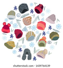 Winter headwear with pine tree twigs and snowflakes circle shape border. Poster, card, web, banner design element. Vector
