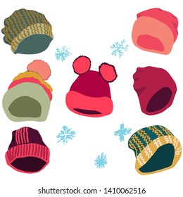 Winter headwear set. Different design on colorful warm hats. Vector illustration of knitted hats, beanies isolated on white background. Poster design element. 