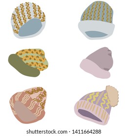 Winter headwear set. Different design on warm hats. Vector illustration of knitted hats, beanies isolated on white background. Poster design element. 