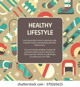 Winter healthy lifestyle concept background. Winter activity flat vector icons in circle form. Sports, fun and leisure pictogram template card. Invitation blank with place for text