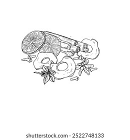 Winter healthy organic vegan dried spice heap hand drawn monochrome illustration. Orange and apple slices, cloves, badian, cinnamon sticks ingredients for mulled wines, Xmas drinks decor
