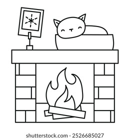 Winter hearth cat vector line drawing illustration
