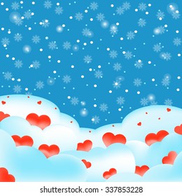 Winter hearts and snowflakes vector illustration. Wedding, anniversary, birthday, Valentine's day, party background. Design for banner, poster, card, invitation, brochure, flyer
