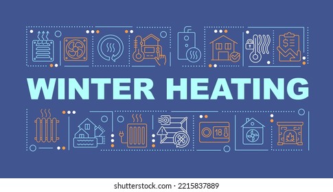 Winter heating concepts dark blue banner. Warming home advices. Infographics with editable icons on color background. Isolated typography. Vector illustration with text. Arial-Black font used