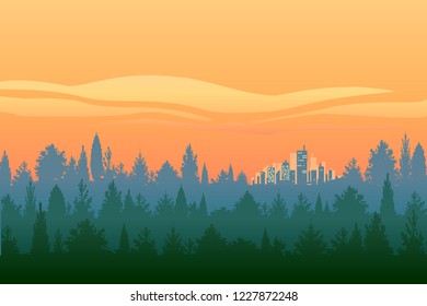 Winter heaven, sunset on tranquil rural horizon. From dusk to dawn, bright skyscrapers on the sunrise skyline a north view with terrains. Scene in eps10, vector illustration.