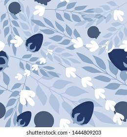 Winter herbal leaves and wild berries seamless pattern. Vector illustration on blue background