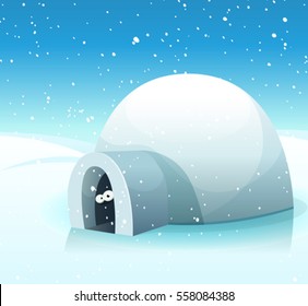 Winter Is Here/
Illustration of a cartoon snowy winter landscape, with north pole igloo and funny character's eyes inside