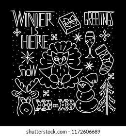 Winter is here. Owl and winter holidays. Vector illustration of doodle style on black background with lettering