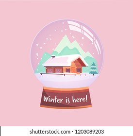 Winter is here snow globe with a small house, mountains and fir-tree under the snow. New Year gift. Winter snowy landscape with snowflakes flat vector illustration in pink mint colors.