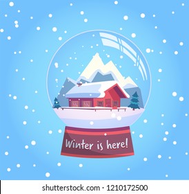 Winter is here snow globe with a small house, mountains and fir-tree under the snow. New Year gift. Winter snowy landscape with snowflakes flat vector illustration in pink mint colors.