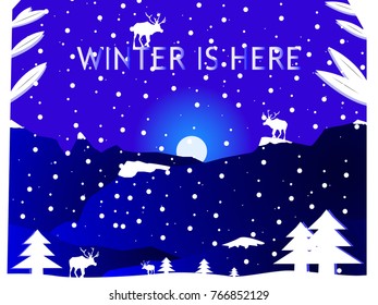 "Winter Is Here" Typographical On Background With Winter Landscape With Snowflakes, Star, Reindeer. Merry Christmas Card. Vector Illustration
