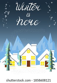 Winter is Here Vector Poster Vertical Template. Can be used for t-shirt, baby shower, postcard, mug, greeting card, photo overlays, decor prints and posters. Doodle Vector