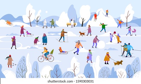 Winter is here.People spend time outdoor at winter. Vector illustration.