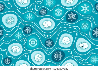 Winter hibernation of forest animals seamless pattern. Christmas seamless background with sleeping animals. Animals sleep in burrows. Vector background for fabric, textile, wallpaper, gift wrapping