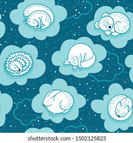 Winter hibernation of forest animals seamless pattern. Christmas seamless background with sleeping animals in the clouds. Vector background for web pages, fabric, textile, posters, gift wrapping paper