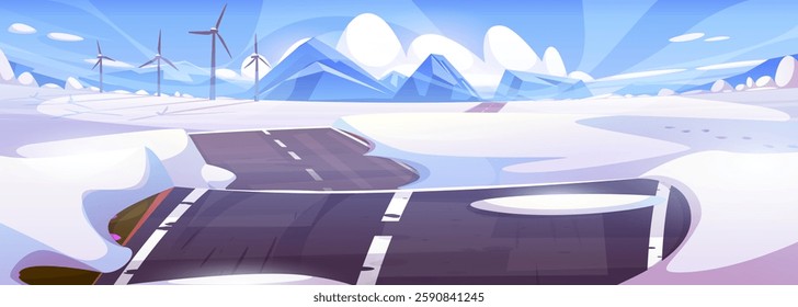 Winter highway road through snowy field with wind turbines and mountain peaks in background. Empty landscape with hills under cloudy sky. Cartoon rural transportation path on snow covered terrain.