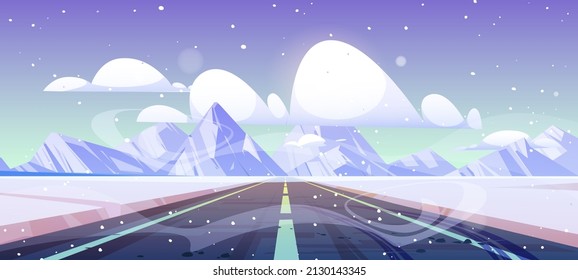 Winter highway, straight empty road disappear at mountain landscape. Way with snowy fields by sides under falling snowflakes. Scenic path with tire trails perspective view, Cartoon vector illustration