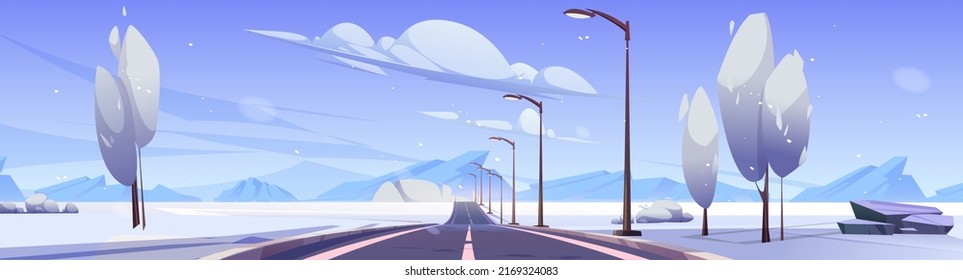 Winter highway, straight empty road disappear at mountain landscape. Way with snowy fields and street lamps by sides. Scenic path perspective view, panoramic background, Cartoon vector illustration