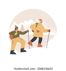 Winter hiking abstract concept vector illustration. Hiking experience, warm clothing, mountain lodge vacation, winter walking, outdoor activity, buy apparel online, destination abstract metaphor.