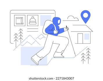 Winter hiking abstract concept vector illustration. Hiking experience, warm clothing, mountain lodge vacation, winter walking, outdoor activity, buy apparel online, destination abstract metaphor.