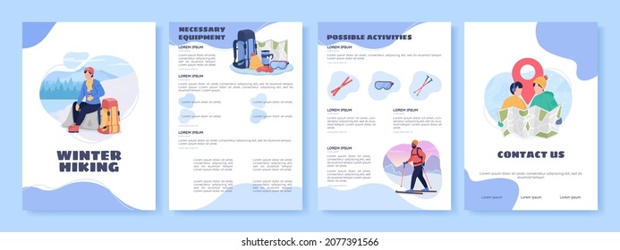 Planilla de folletos de vectores planos de excursión en invierno. Actividad estacional. Volante, folleto, diseño de folletos imprimibles con ilustraciones planas. Página de la revista, informes de caricatura, afiches infográficos con espacio de texto