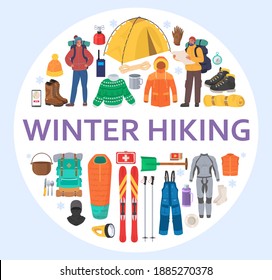 Winter hiking gear circle composition, flat vector illustration. Mountain travel, winter trekking equipment. Warm clothes, backpack, compass, tent, skis, sleeping bag, hiking shoes, campfire tools etc