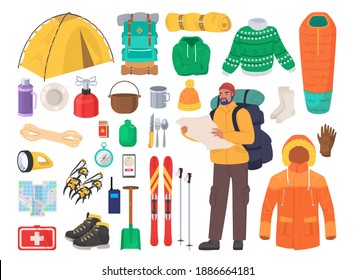 Winter hiking gear, flat vector isolated illustration. Mountain travel, climbing and winter trekking equipment. Warm clothes, backpack, compass, camping tent, ski, sleeping bag, map, hiking boots etc.