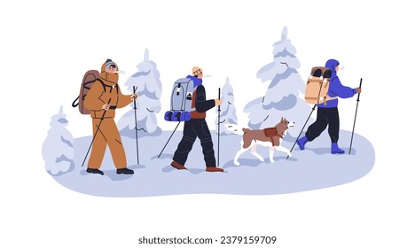 Winterwandern. Wanderer, Touristen mit Rucksäcken, die im Schnee wandern. Menschen Rucksacktouristen Trekking auf Winterurlaub, kalte Jahreszeit Abenteuer. Flache Vektorgrafik einzeln auf weißem Hintergrund