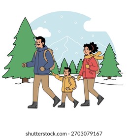 Senderismo de invierno en una ilustración de invierno.