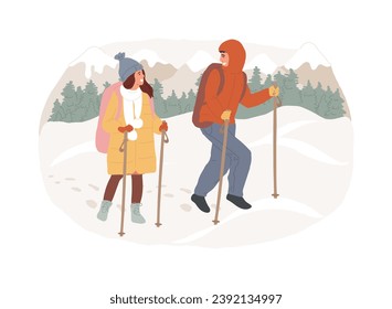 Ilustración vectorial de caminatas invernales aisladas. Experiencia de senderismo, ropa de abrigo, vacaciones de montaña, paseos en invierno, actividades al aire libre, compra ropa en línea, concepto de vector de destino.
